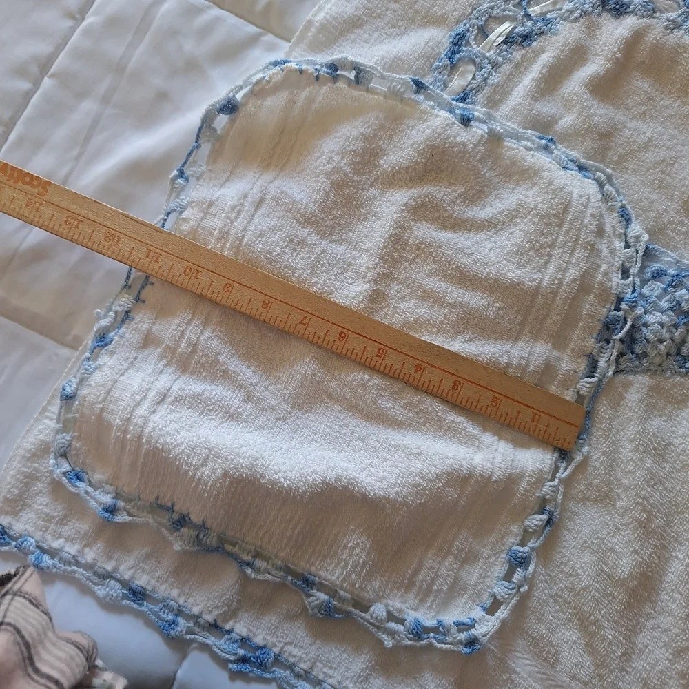 Hand Crafted Cream Bath Towel with Blue Crochet Basket Accent
